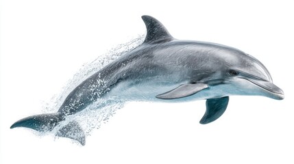 Fototapeta premium A dolphin energetically leaping out of the ocean waves, showcasing its playful nature and agility against the backdrop of clear blue water.