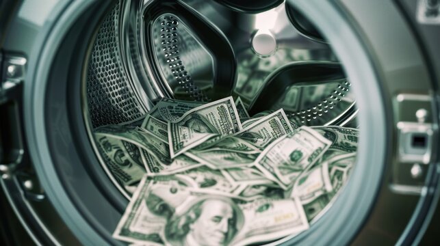 A close-up view of a washing machine drum filled with crumpled U.S. dollar bills. The scene highlights themes of money and finance.