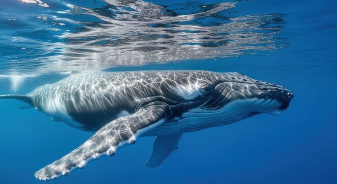 A majestic humpback whale swimming in clear blue water. Sunlight reflecting on the ocean surface. Marine wildlife and nature conservation concept. Ecotourism and aquatic adventure travel