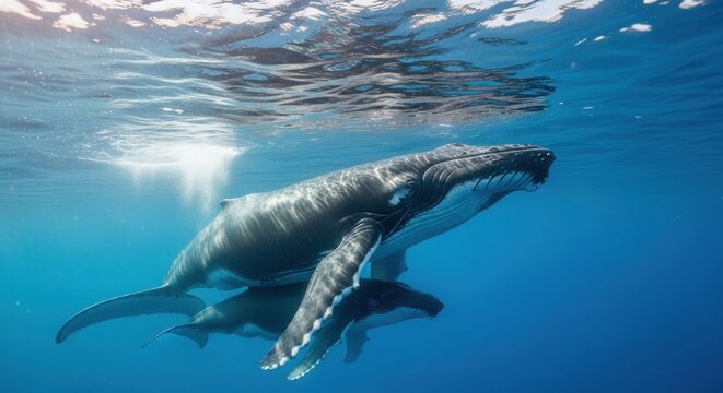 Humpback whale mother and calf swimming together. Majestic marine mammals in deep blue ocean water. Wildlife conservation and environmental protection concept. Peaceful underwater scene