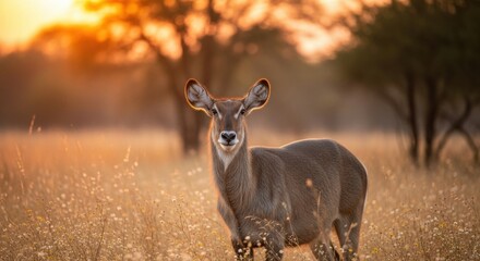 Wild waterbuck antelope in a golden savanna field at sunset. Beautiful rim light highlighting the animal's fur. African safari wildlife and nature conservation. Ecotourism and travel concept