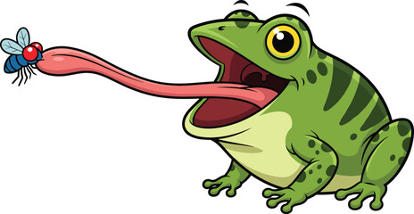 Cartoon frog catching fly, playful amphibian with long tongue, vector illustration for kids, nature, insect hunting, education, and animal behavior themes