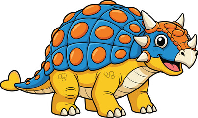 Cartoon dinosaur with blue shell and orange spots, cheerful creature with horns and tail, vector illustration for kids, education, and prehistoric themes