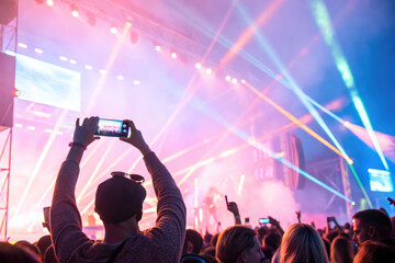 A concertgoer films a vibrant stage performance on their smartphone amidst a lively crowd