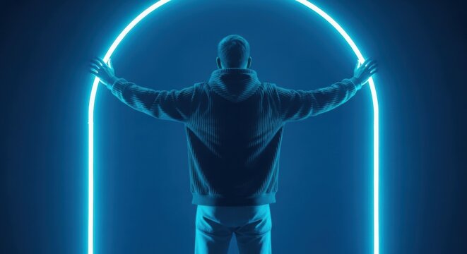 Adult male from behind touching a glowing blue arch. Entering a digital portal to the metaverse. Futuristic technology concept for innovation and virtual reality presentation