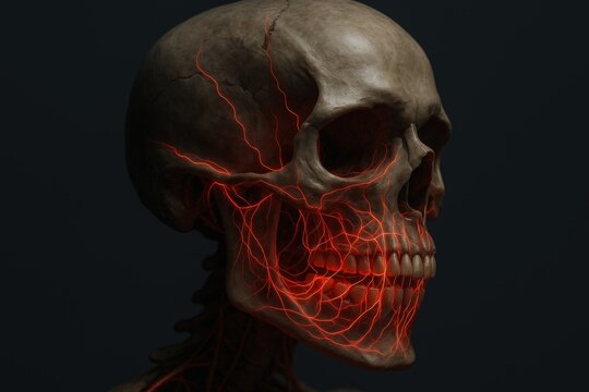 Human skull with glowing red neural pathways highlighted across facial bone structure on dark background
