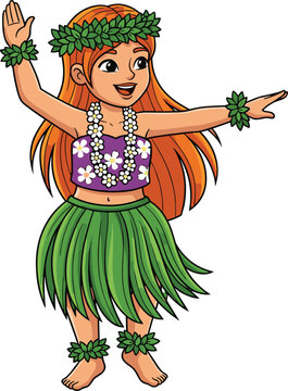 Cartoon girl performing Hawaiian hula dance, traditional outfit with grass skirt and flower lei, vector illustration for culture, celebration, and island themes