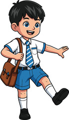 Cartoon schoolboy in uniform, cheerful child walking with shoulder bag, vector illustration for education, student life, classroom, and learning themes