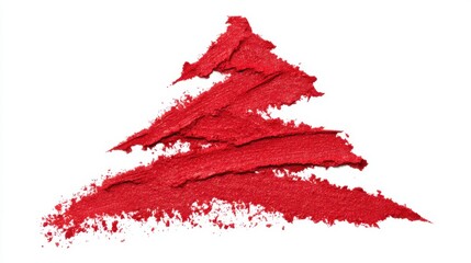 A vibrant red lipstick swatch is creatively shaped like a Christmas tree. The smooth texture and rich color stand out against the white background, adding a festive touch.