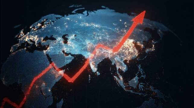 An illustrative portrayal of global economic growth visualized through a red arrow ascending across a detailed illuminated map. ..Created with Generative AI, not depicting real subjects.