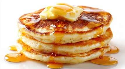 Three fluffy pancakes rest on top of each other, drenched in golden syrup with a pat of butter melting on top. This delicious breakfast scene is perfect for a cozy morning.
