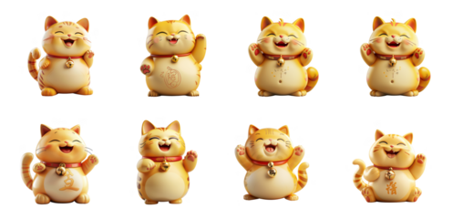 Collection of eight lucky cat figurines, each with a joyful expression and raised paw, isolated on transparent background