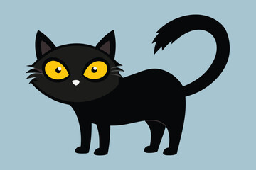 Obraz premium Cartoon black cat stands alertly, displaying its bright yellow eyes against a light blue background
