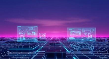 Futuristic holographic interface city grid virtual technology background illustration