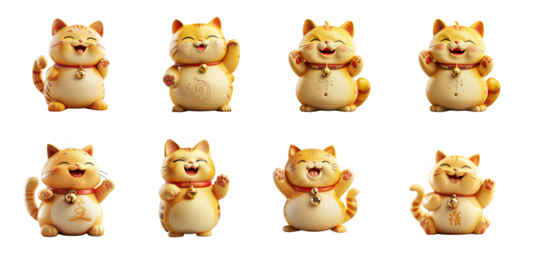 Collection of eight lucky cat figurines, each with a joyful expression and raised paw, isolated on transparent background
