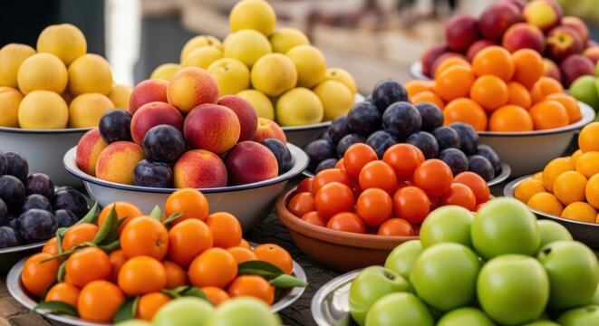 Colorful display of fresh seasonal fruit at a local market. Abundant harvest of organic peaches plums and apples. Healthy eating and farm to table lifestyle concept