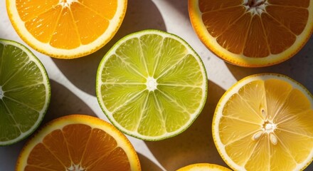 Fototapeta premium Colorful citrus fruit assortment top view. Sliced orange lemon and lime macro detail. Natural source of vitamin C for healthy lifestyle. Summer food concept with bright sunlight