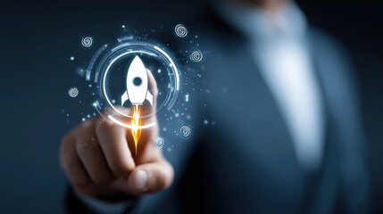 A visionary entrepreneur, poised and focused, initiates a digital rocket launch. ..Created with Generative AI, not depicting real subjects.