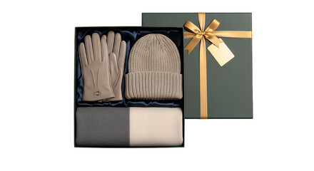 Elegant winter gift set featuring warm knit beanie, cozy scarf, and stylish gloves presented in a sophisticated box, perfect for holiday giving isolated on a clean transparent background