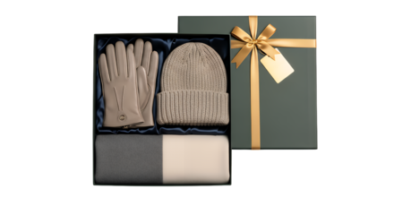 Elegant winter gift set featuring warm knit beanie, cozy scarf, and stylish gloves presented in a sophisticated box, perfect for holiday giving isolated on a clean transparent background