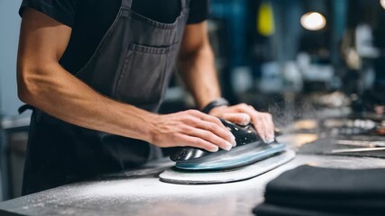 A skilled technician smooths the surface of a snowboard, preparing it for optimal performance. The scene captures the artistry and dedication involved in winter sports equipment maintenance