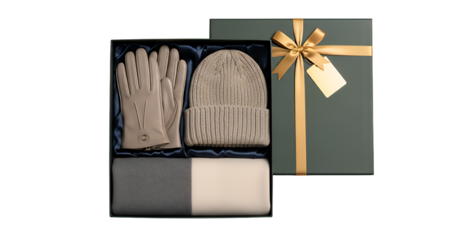 Elegant winter gift set featuring warm knit beanie, cozy scarf, and stylish gloves presented in a sophisticated box, perfect for holiday giving isolated on a clean transparent background