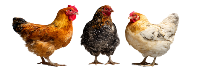 Three vibrant chickens with colorful plumage standing proudly, perfect for farm-fresh food concepts and rural lifestyle designs