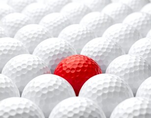 A red golf ball among many white golf balls