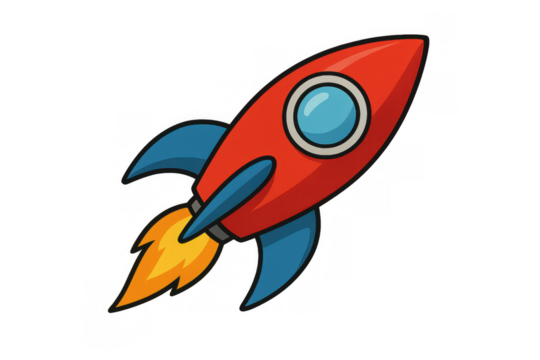 Red cartoon rocket flying upwards, showing a fiery propulsion. Concept of startup launch, innovation, future, and progress