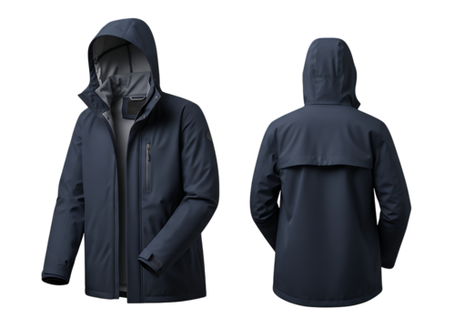 Versatile dark blue waterproof jacket for outdoor adventures, offering breathable protection and functional style from front and back perspectives, isolated on a clean transparent background