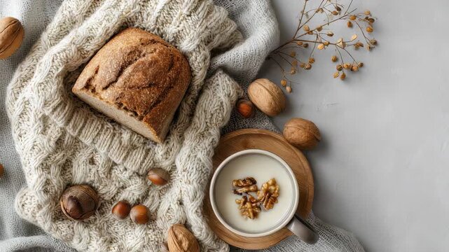 A delicious loaf of bread rests on a textured knitted blanket beside a cup of milk garnished with walnuts and hazelnuts. Earthy tones and organic elements evoke a cozy, rustic morning mood