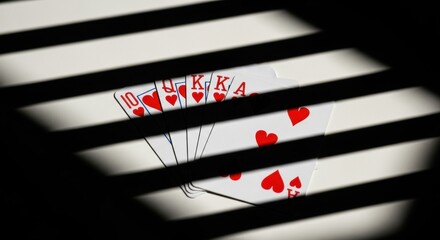 Winning royal flush poker hand of hearts. High stakes gambling and casino entertainment. Strategic card game with a winning combination. Dramatic noir lighting with blind shadows