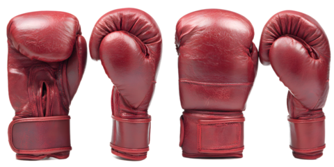 Red leather boxing gloves in various angles, ready for action, perfect for sports, fitness, and gym promotions