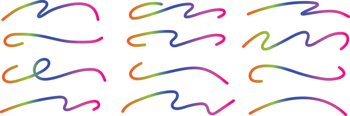 Twelve colorful gradient abstract wavy lines and curves on white background blue brush