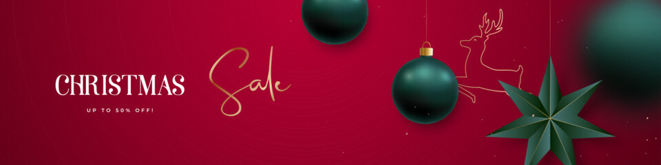 Elegant design showcasing ornaments on vibrant red background for holiday promotion. Merry Christmas Sale banner.
