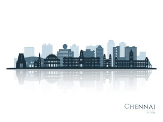 Chennai skyline silhouette with reflection. Landscape Chennai, India. Vector illustration.