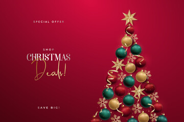 Bright Christmas tree adorned with colorful ornaments and festive text elements. Horizontal Christmas header for website template, flat top view.