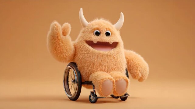 Cute orange furry monster in wheelchair looking around with happy expression, then turning to side and back. Creature with disability, funny cartoon character
