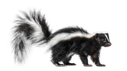 Striking skunk portrait showcasing its unique markings and fluffy tail, perfect for wildlife projects and educational resources