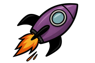 Purple rocket launching with fire, moving upwards. Concept of business development, startup success and futuristic exploration