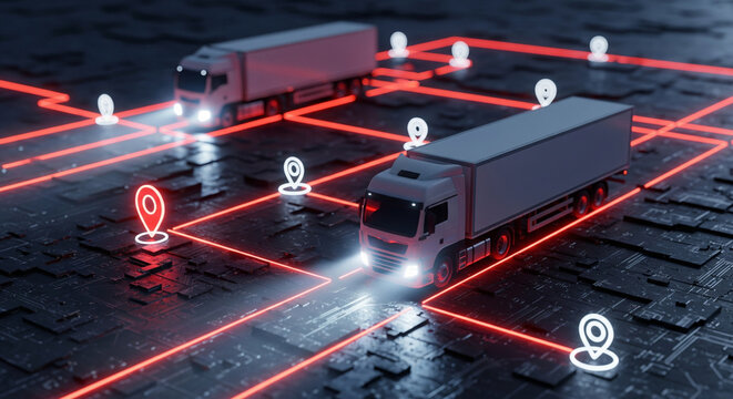 Modern logistics network visualization with delivery trucks and destination points for transportation technology solutions and supply chain management