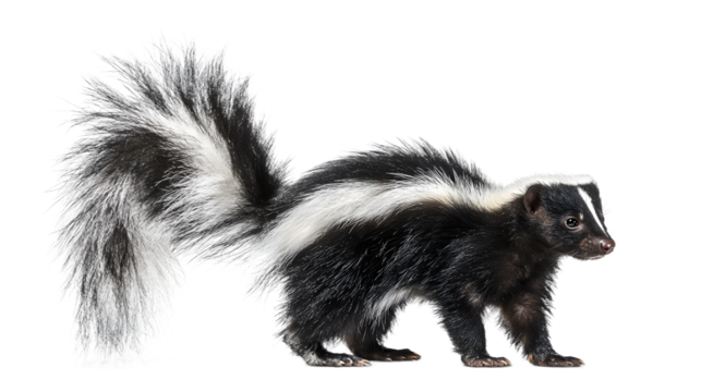 Striking skunk portrait showcasing its unique markings and fluffy tail, perfect for wildlife projects and educational resources