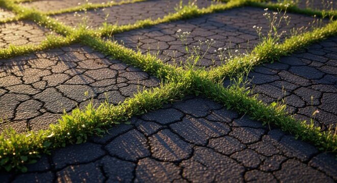 Resilient green grass growing through pavement cracks. Nature reclaiming urban space. Concept of strength and perseverance. Eco friendly permeable paving in golden hour sunlight