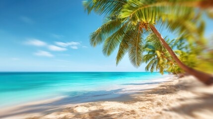 White sand stretches along the shore as palm trees sway gently in the breeze. The turquoise ocean sparkles under a bright blue sky, creating a perfect tropical paradise.