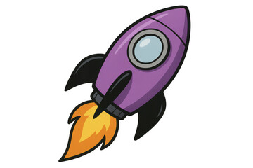 Purple cartoon rocket launching into space, flight mission, startup business concept, innovation, exploration and adventure