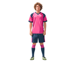 Confident soccer player in vibrant pink and blue uniform stands ready for action, perfect for sports branding and marketing campaigns.