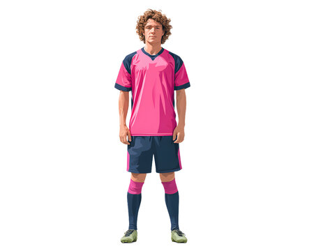 Confident soccer player in vibrant pink and blue uniform stands ready for action, perfect for sports branding and marketing campaigns.