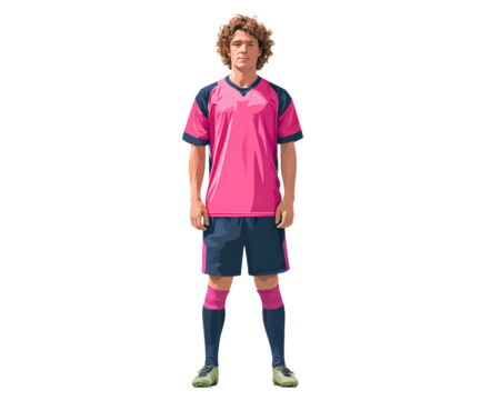Confident soccer player in vibrant pink and blue uniform stands ready for action, perfect for sports branding and marketing campaigns.