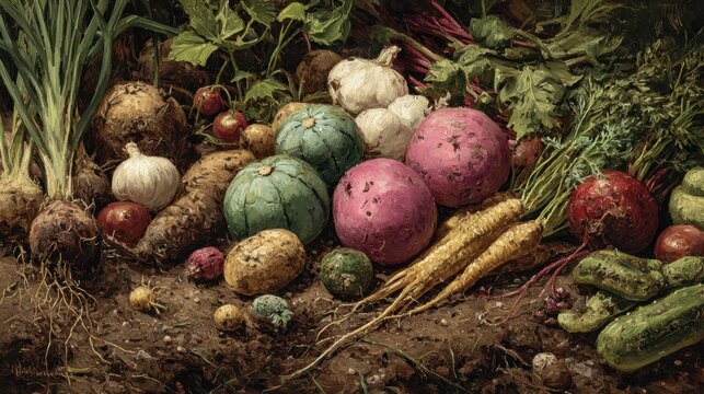 Still Life of Fresh Vegetables, Tubers and Roots on Garden Soil, Oil Painting Style
