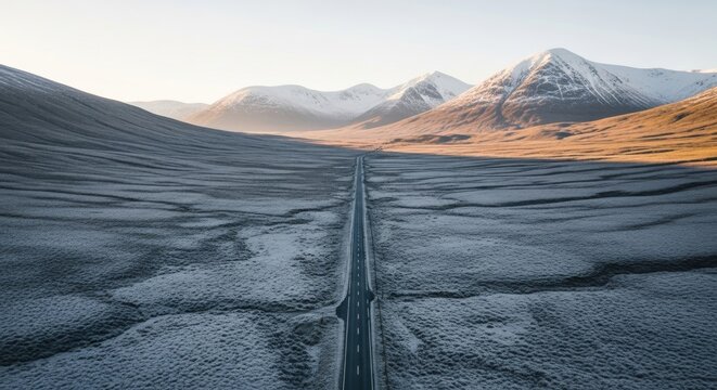 Long straight highway disappearing into the horizon. A journey towards a destination with snowy mountains. Business metaphor for strategy direction and future planning. Minimalist winter scene - Powered by Adobe